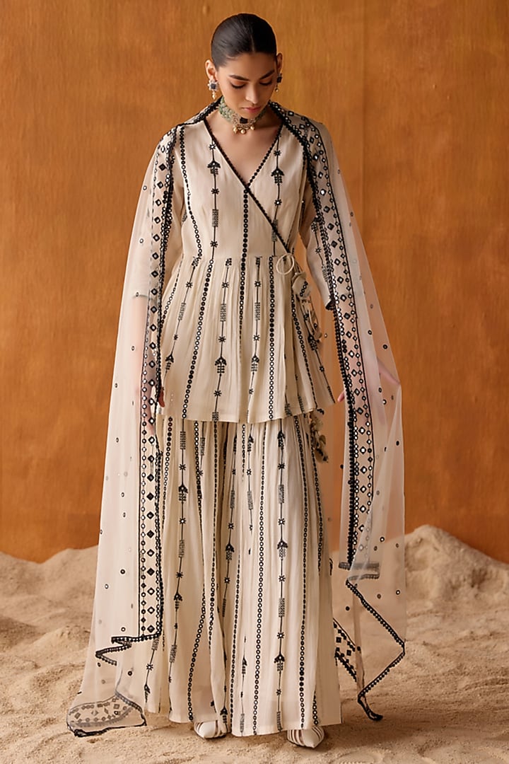 Black & White Cotton Mulmul Mirror Work Party Wear Sharara Set by PREEVIN at Pernia's Pop Up Shop