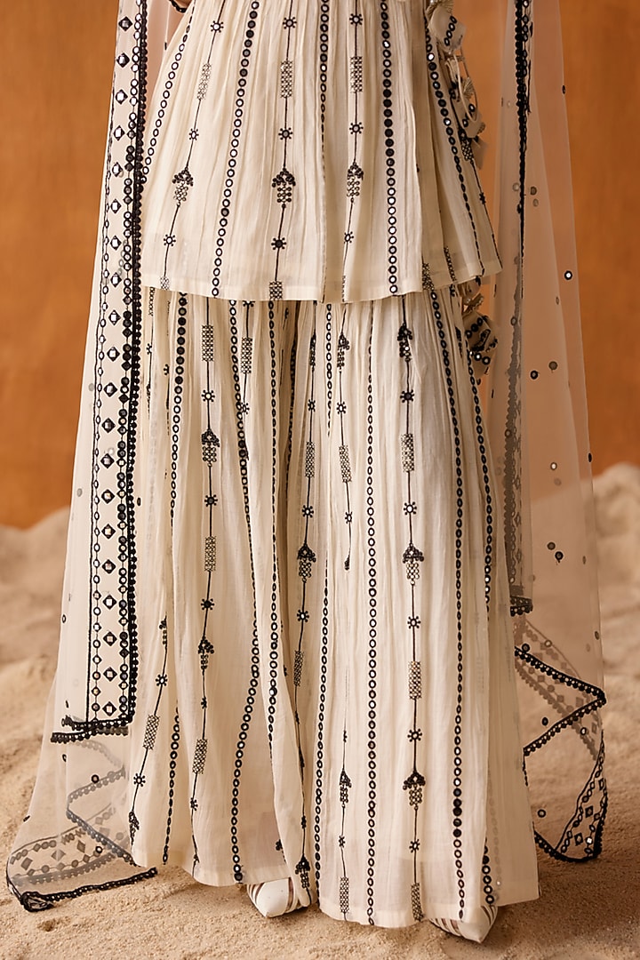 Black & White Cotton Mulmul Mirror Work Party Wear Sharara Set by PREEVIN at Pernia's Pop Up Shop