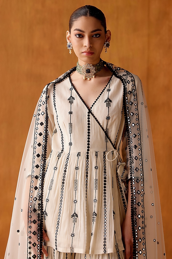 Black & White Cotton Mulmul Mirror Work Party Wear Sharara Set by PREEVIN at Pernia's Pop Up Shop
