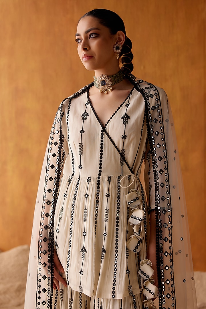 Black & White Cotton Mulmul Mirror Work Party Wear Sharara Set by PREEVIN at Pernia's Pop Up Shop