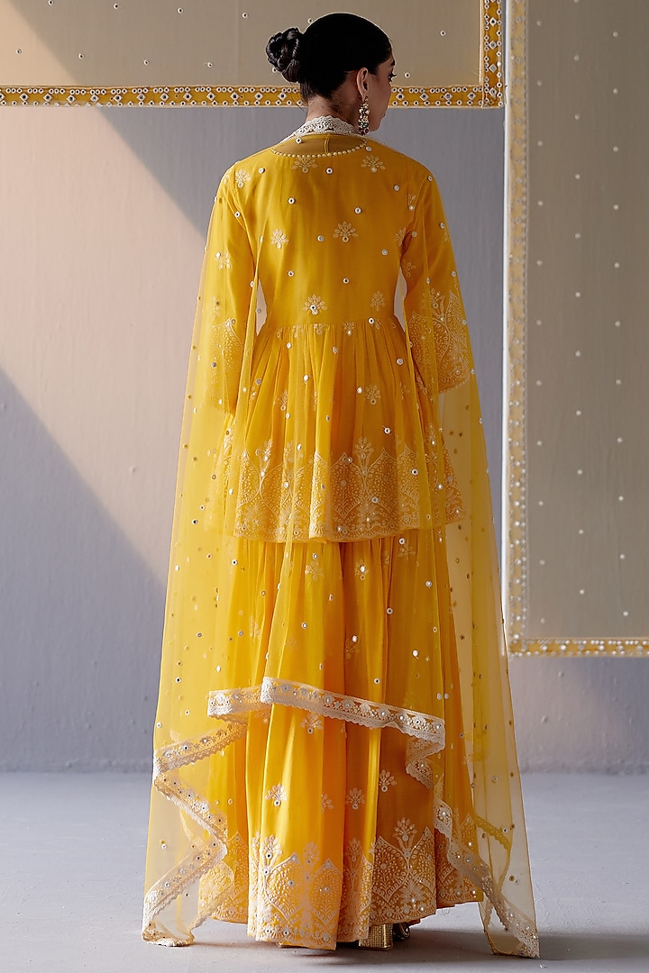 Mango Yellow Cotton Mulmul Thread & Mirror Work Party Wear Sharara Set by PREEVIN at Pernia's Pop Up Shop