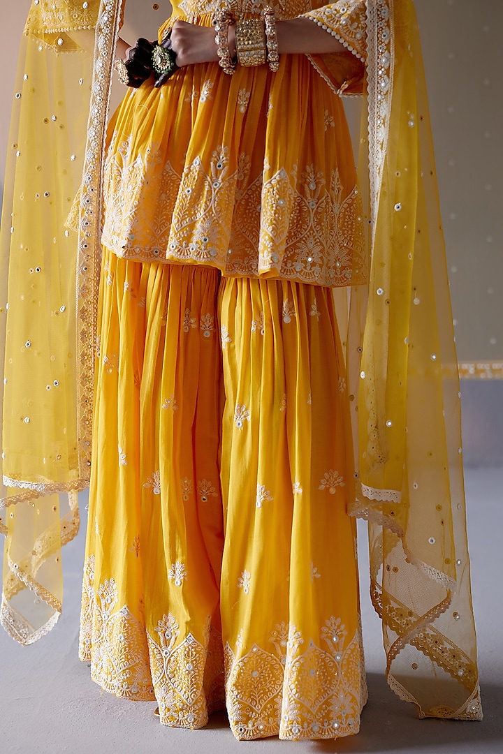 Mango Yellow Cotton Mulmul Thread & Mirror Work Party Wear Sharara Set by PREEVIN at Pernia's Pop Up Shop