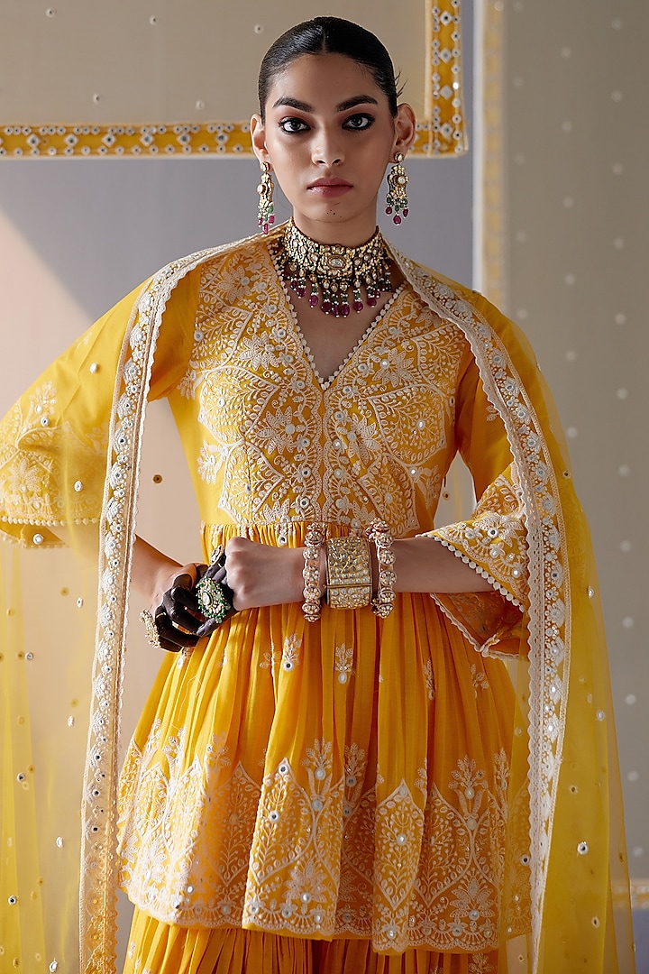 Mango Yellow Cotton Mulmul Thread & Mirror Work Party Wear Sharara Set by PREEVIN at Pernia's Pop Up Shop