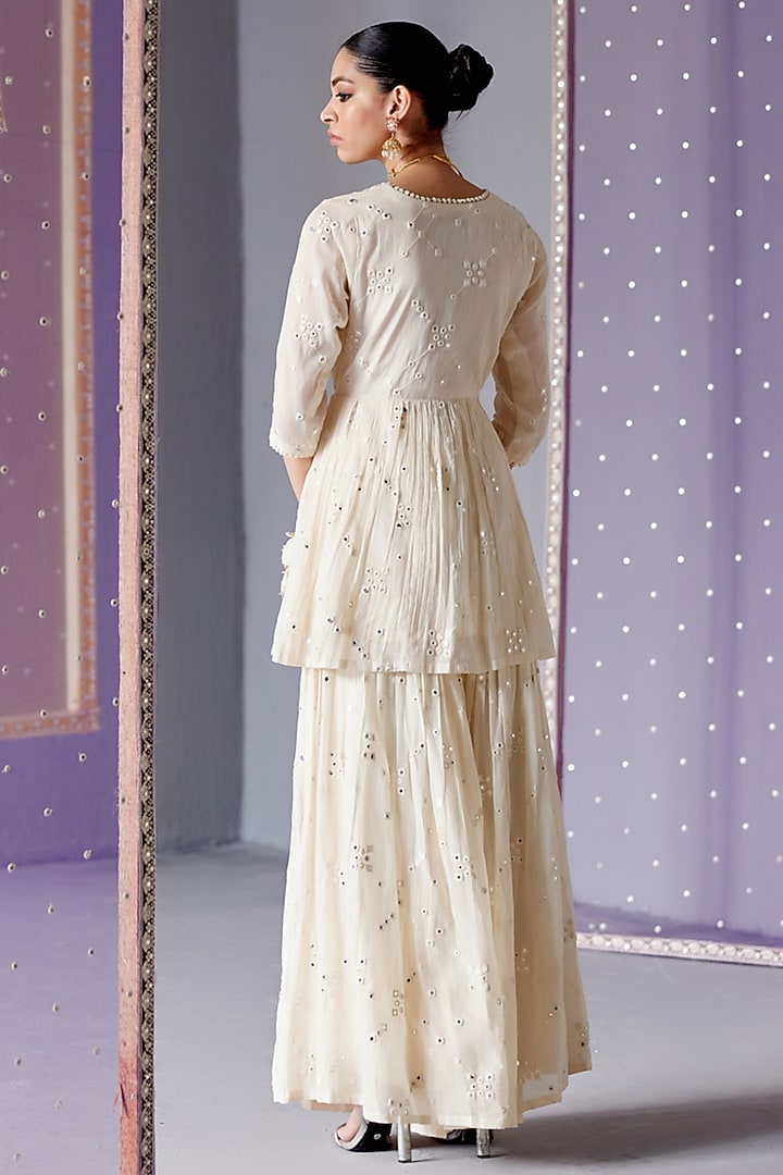 Off-White Cotton Mulmul Thread & Mirror Work Party Wear Sharara Set by PREEVIN at Pernia's Pop Up Shop