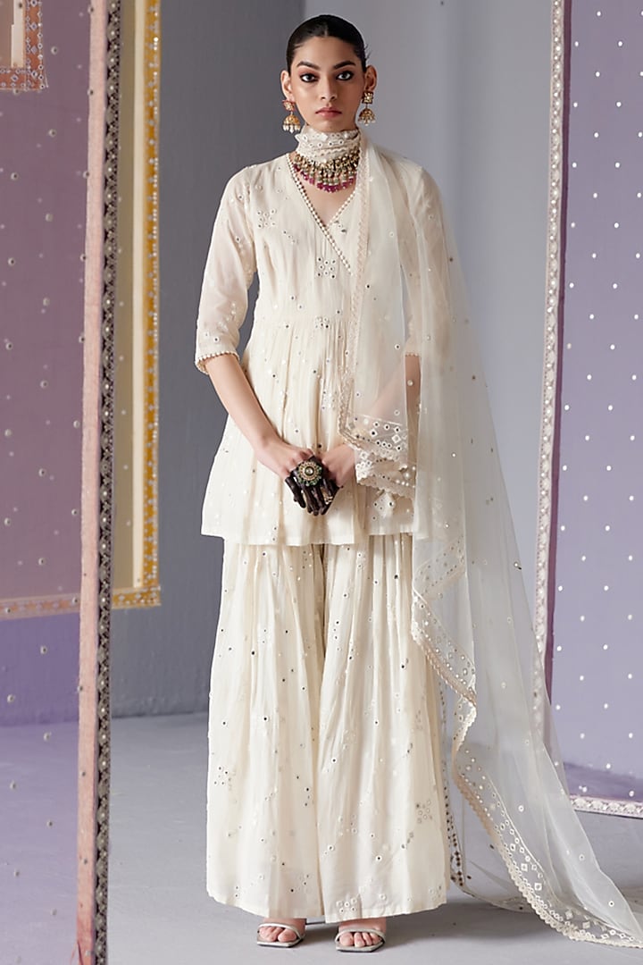 Off-White Cotton Mulmul Thread & Mirror Work Party Wear Sharara Set by PREEVIN at Pernia's Pop Up Shop