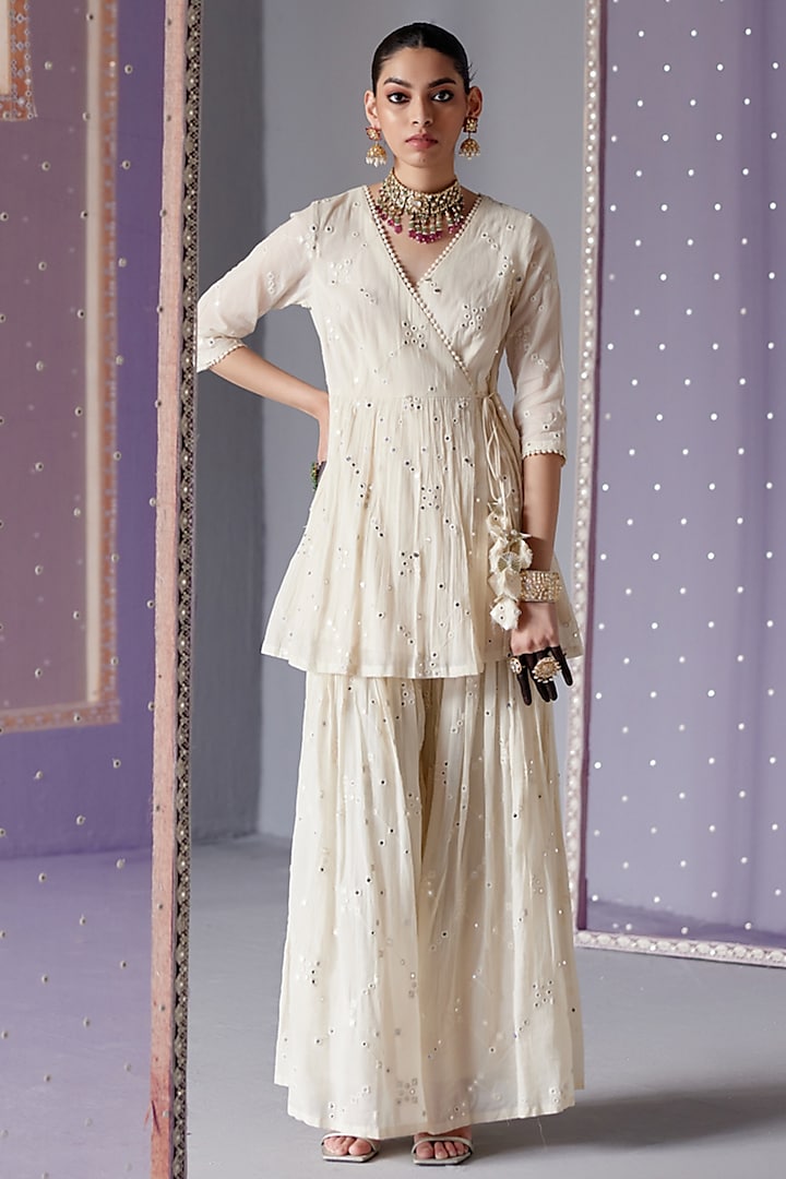 Off-White Cotton Mulmul Thread & Mirror Work Party Wear Sharara Set by PREEVIN at Pernia's Pop Up Shop