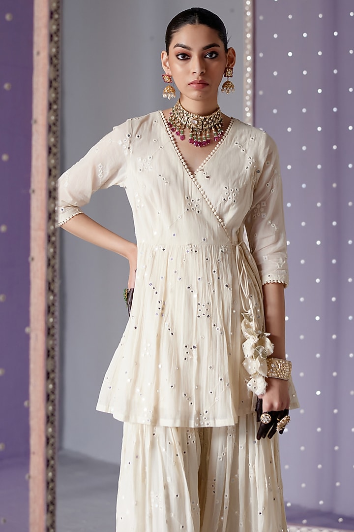 Off-White Cotton Mulmul Thread & Mirror Work Party Wear Sharara Set by PREEVIN at Pernia's Pop Up Shop