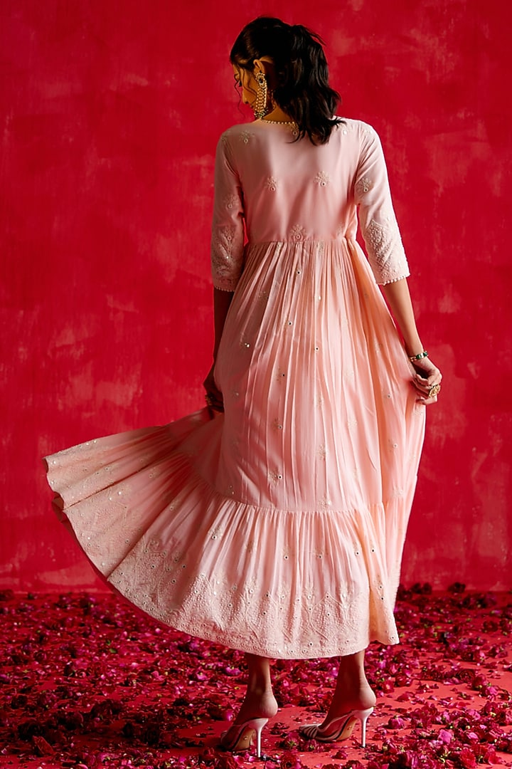 Blush Pink Cotton Mulmul Thread & Mirror Work Angrakha Party Wear Anarkali Set by PREEVIN at Pernia's Pop Up Shop