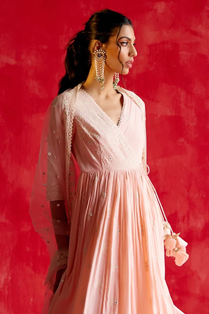 Blush Pink Cotton Mulmul Thread & Mirror Work Angrakha Party Wear Anarkali Set by PREEVIN at Pernia's Pop Up Shop