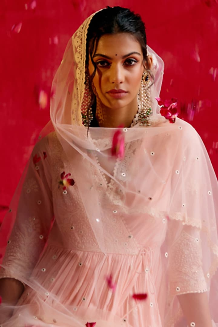 Blush Pink Cotton Mulmul Thread & Mirror Work Angrakha Party Wear Anarkali Set by PREEVIN at Pernia's Pop Up Shop