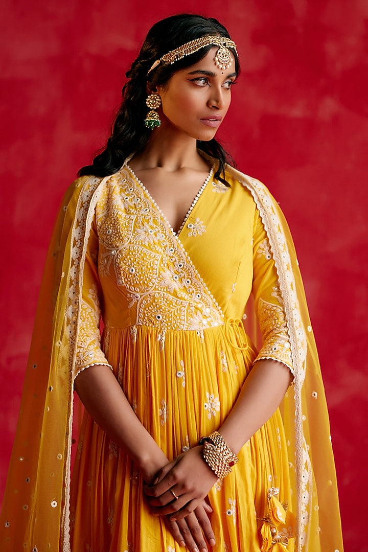 Mango Yellow Cotton Mulmul Thread & Mirror Work Angrakha Party Wear Anarkali Set by PREEVIN at Pernia's Pop Up Shop