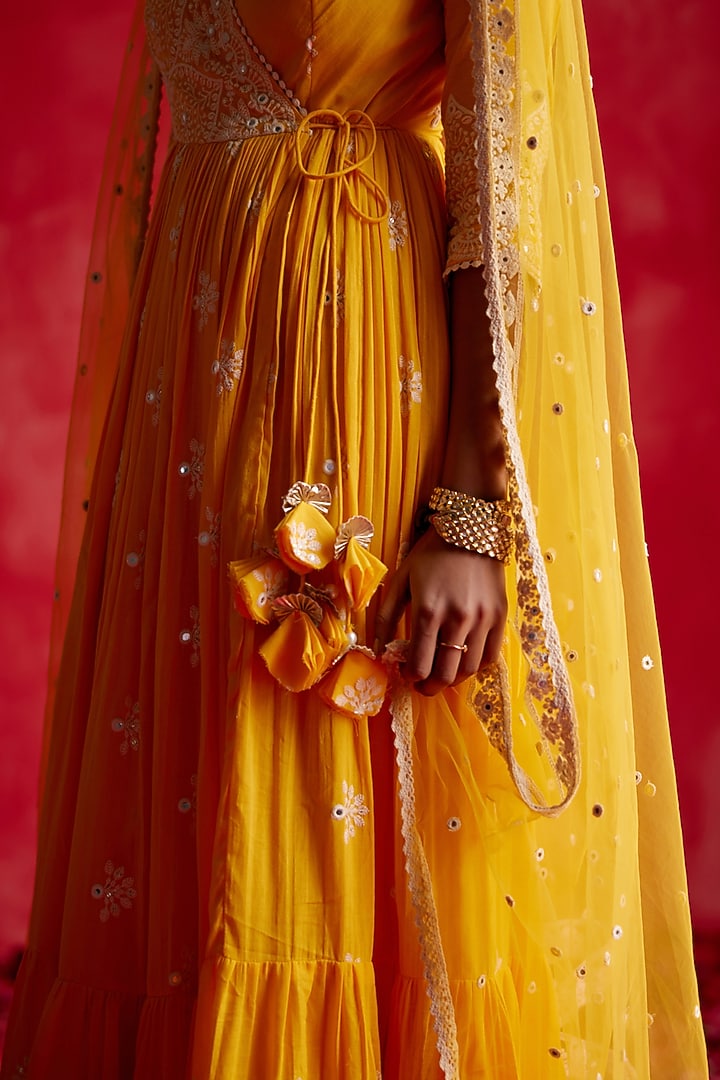 Mango Yellow Cotton Mulmul Thread & Mirror Work Angrakha Party Wear Anarkali Set by PREEVIN at Pernia's Pop Up Shop