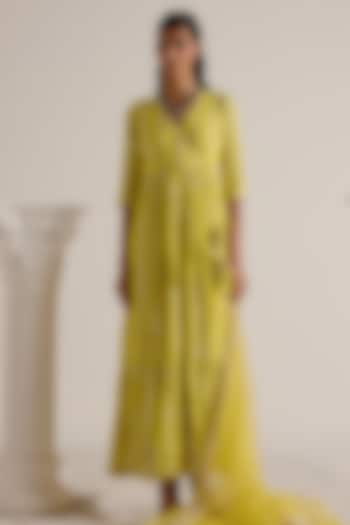 Neon Green Cotton Mulmul Thread & Mirror Work Angrakha Party Wear Anarkali Set by PREEVIN at Pernia's Pop Up Shop