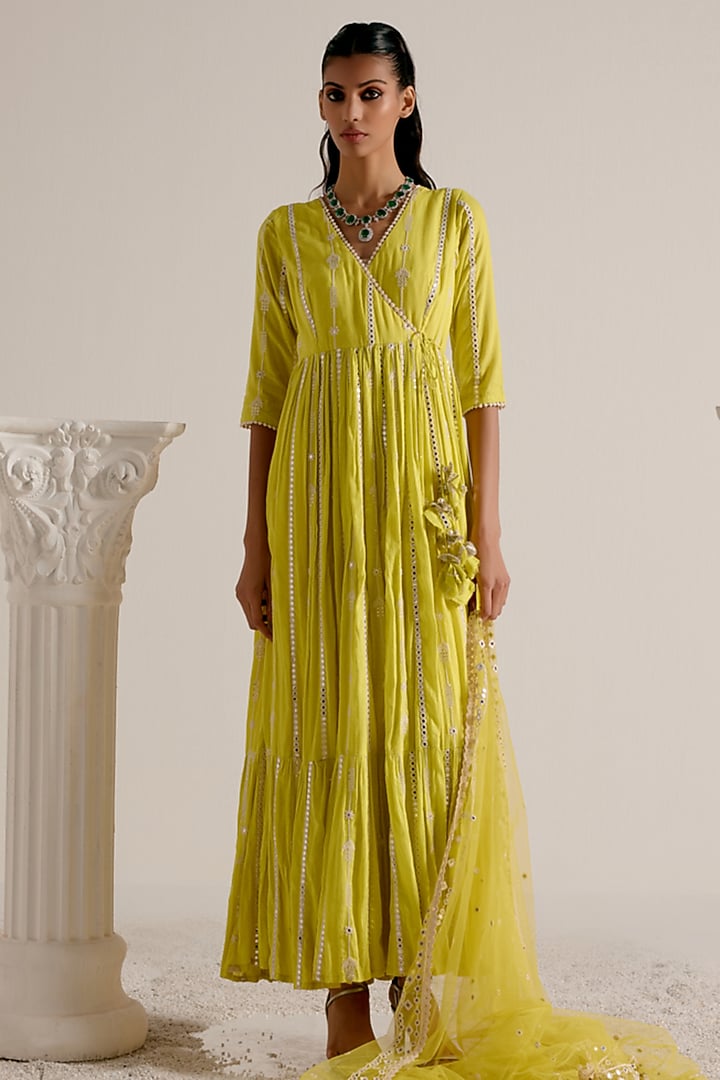Neon Green Cotton Mulmul Thread & Mirror Work Angrakha Party Wear Anarkali Set by PREEVIN at Pernia's Pop Up Shop