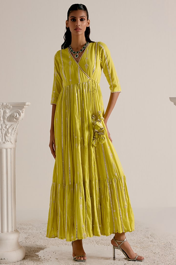 Neon Green Cotton Mulmul Thread & Mirror Work Angrakha Party Wear Anarkali Set by PREEVIN at Pernia's Pop Up Shop