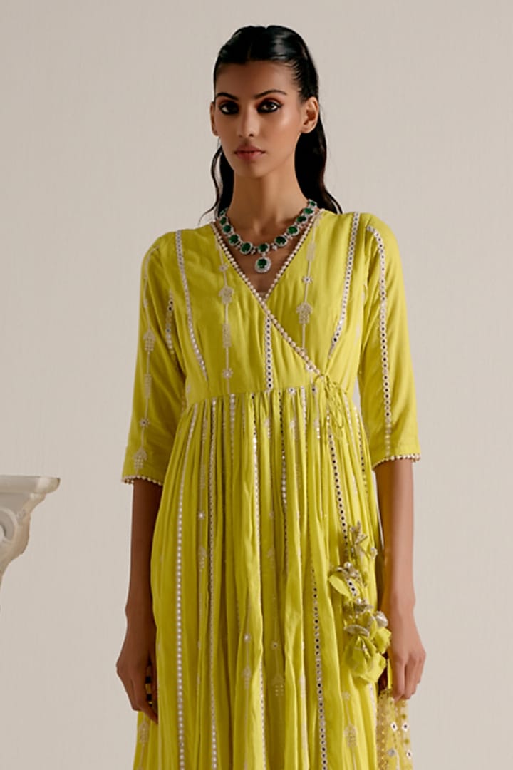 Neon Green Cotton Mulmul Thread & Mirror Work Angrakha Party Wear Anarkali Set by PREEVIN at Pernia's Pop Up Shop