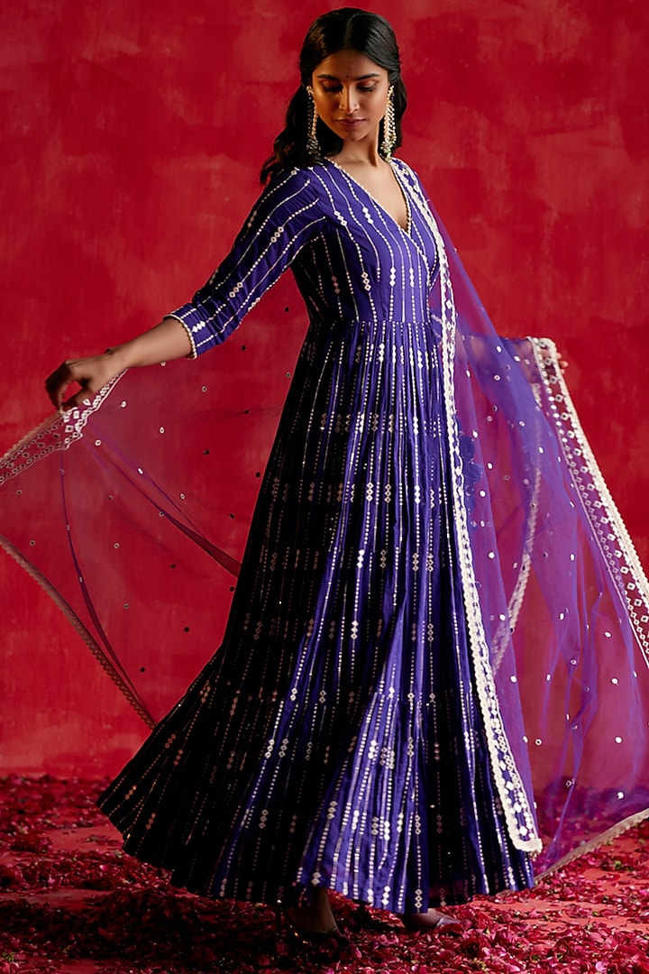 Purple Cotton Mulmul Thread & Mirror Work Angrakha Party Wear Anarkali Set by PREEVIN at Pernia's Pop Up Shop