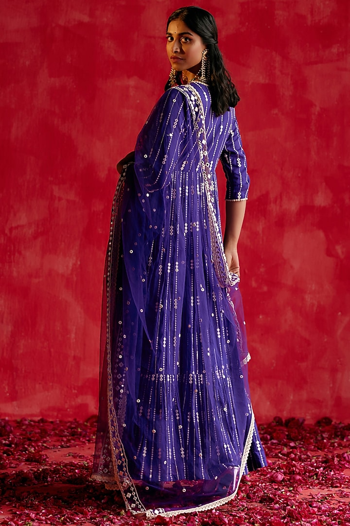 Purple Cotton Mulmul Thread & Mirror Work Angrakha Party Wear Anarkali Set by PREEVIN at Pernia's Pop Up Shop