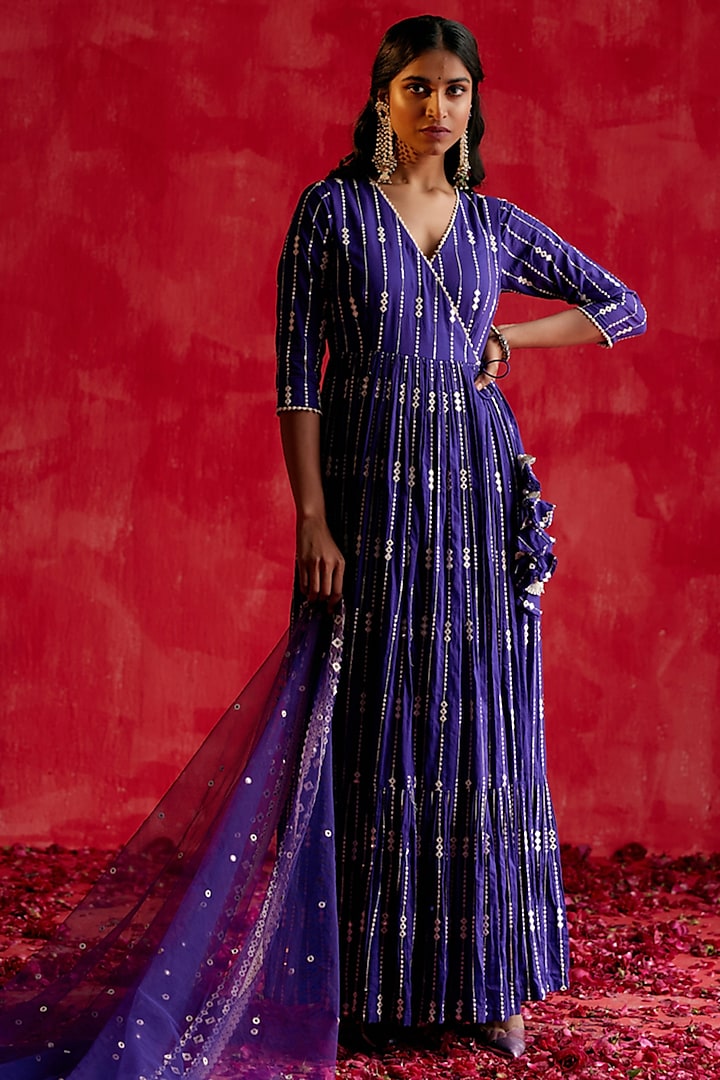 Purple Cotton Mulmul Thread & Mirror Work Angrakha Party Wear Anarkali Set by PREEVIN at Pernia's Pop Up Shop