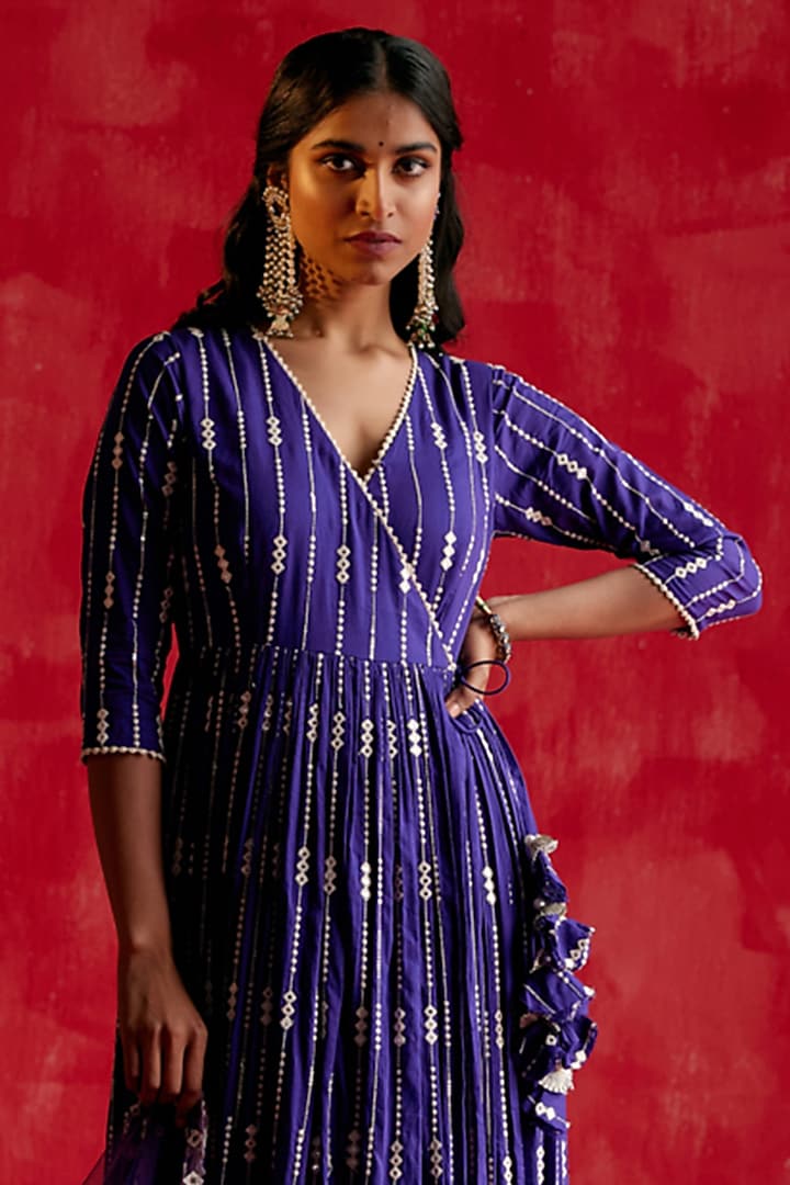 Purple Cotton Mulmul Thread & Mirror Work Angrakha Party Wear Anarkali Set by PREEVIN at Pernia's Pop Up Shop