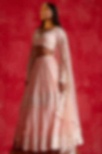 Blush Pink Cotton Mulmul Thread & Mirror Work Lehenga Set by PREEVIN at Pernia's Pop Up Shop