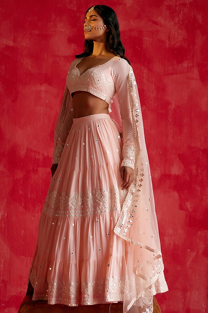 Blush Pink Cotton Mulmul Thread & Mirror Work Lehenga Set by PREEVIN at Pernia's Pop Up Shop