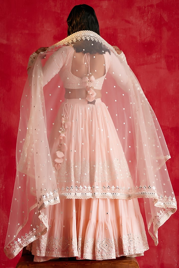 Blush Pink Cotton Mulmul Thread & Mirror Work Lehenga Set by PREEVIN at Pernia's Pop Up Shop