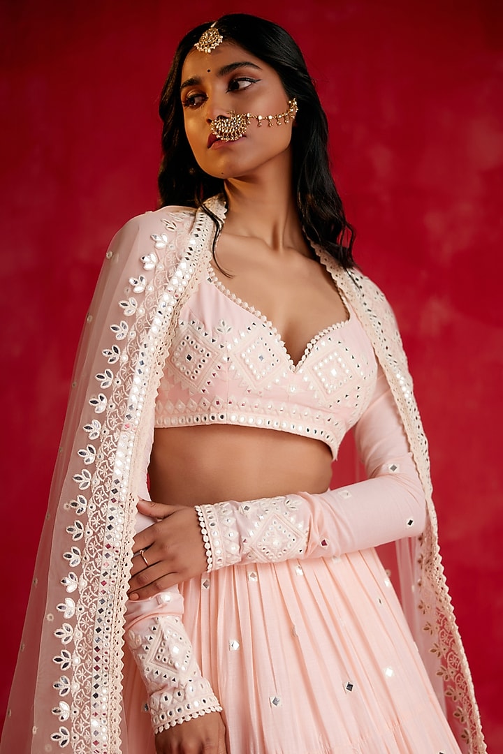 Blush Pink Cotton Mulmul Thread & Mirror Work Lehenga Set by PREEVIN at Pernia's Pop Up Shop