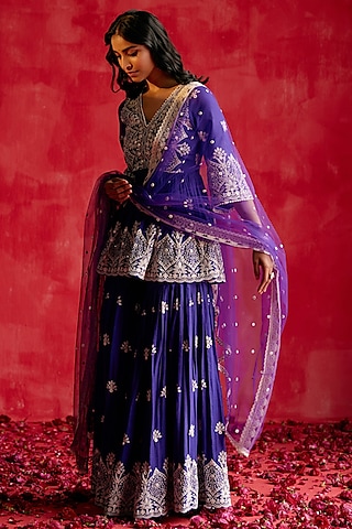 Purple Cotton Mulmul Thread & Mirror Work Sharara Set by PREEVIN