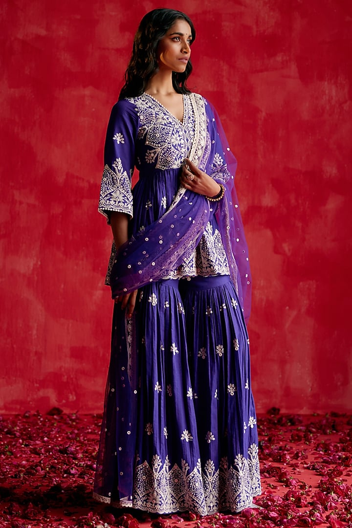 Purple Cotton Mulmul Thread & Mirror Work Party Wear Sharara Set by PREEVIN at Pernia's Pop Up Shop