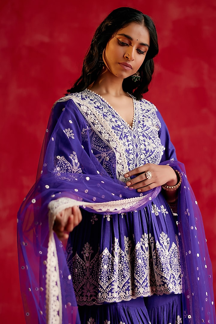Purple Cotton Mulmul Thread & Mirror Work Party Wear Sharara Set by PREEVIN at Pernia's Pop Up Shop