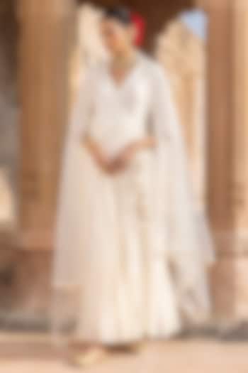 Off-White Cotton Mulmul Thread & Mirror Embroidered Angrakha Party Wear Anarkali Set by PREEVIN at Pernia's Pop Up Shop