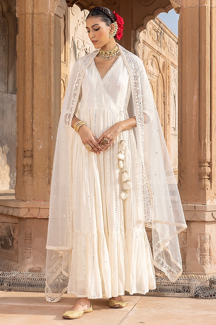 Off-White Cotton Mulmul Thread & Mirror Embroidered Angrakha Party Wear Anarkali Set by PREEVIN at Pernia's Pop Up Shop