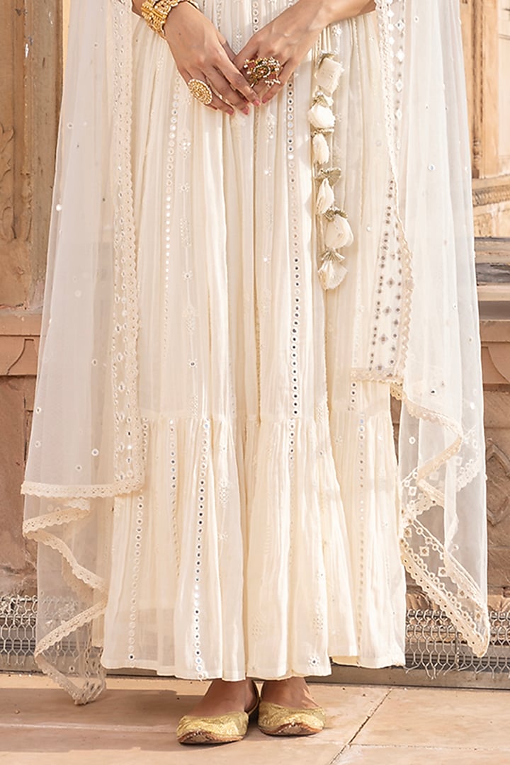 Off-White Cotton Mulmul Thread & Mirror Embroidered Angrakha Party Wear Anarkali Set by PREEVIN at Pernia's Pop Up Shop