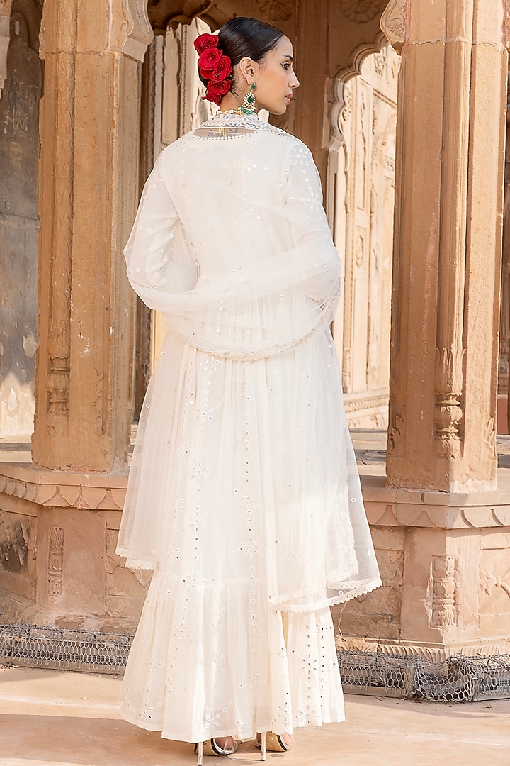 Off-White Cotton Mulmul Thread & Mirror Embroidered Angrakha Party Wear Anarkali Set by PREEVIN at Pernia's Pop Up Shop