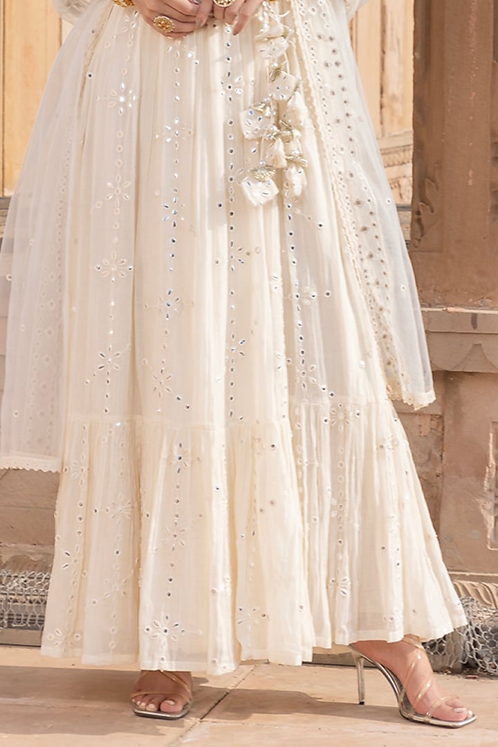 Off-White Cotton Mulmul Thread & Mirror Embroidered Angrakha Party Wear Anarkali Set by PREEVIN at Pernia's Pop Up Shop