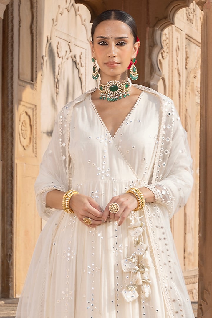 Off-White Cotton Mulmul Thread & Mirror Embroidered Angrakha Party Wear Anarkali Set by PREEVIN at Pernia's Pop Up Shop