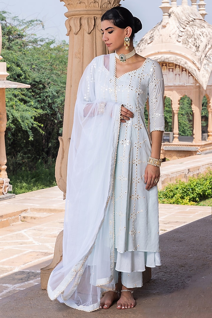 Ice Blue Cotton Mulmul Thread & Mirror Embroidered Party Wear Anarkali Set by PREEVIN at Pernia's Pop Up Shop
