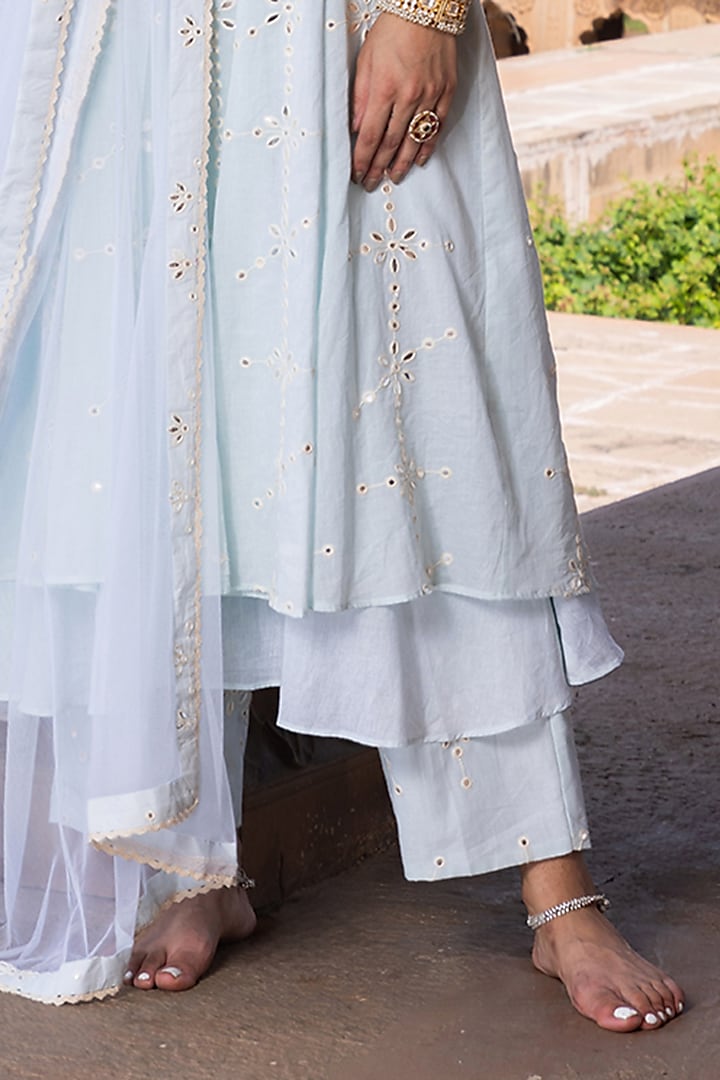 Ice Blue Cotton Mulmul Thread & Mirror Embroidered Party Wear Anarkali Set by PREEVIN at Pernia's Pop Up Shop