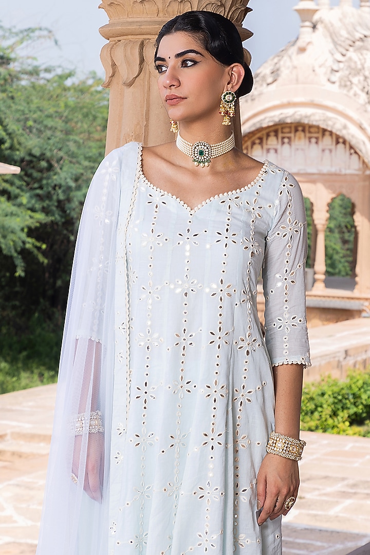 Ice Blue Cotton Mulmul Thread & Mirror Embroidered Party Wear Anarkali Set by PREEVIN at Pernia's Pop Up Shop