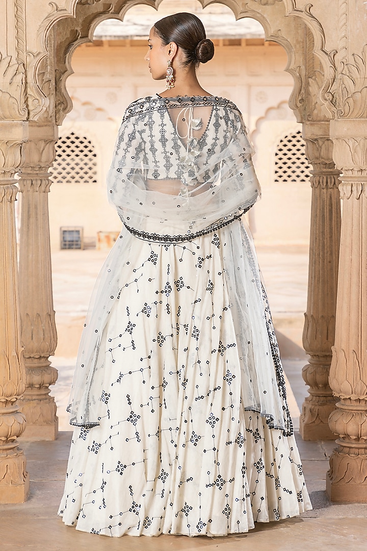 Black & White Cotton Mulmul Mirror & Thread Embroidered Wedding Lehenga Set by PREEVIN at Pernia's Pop Up Shop