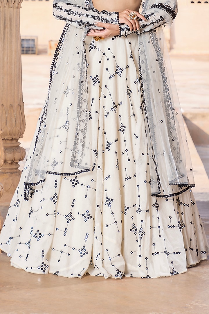 Black & White Cotton Mulmul Mirror & Thread Embroidered Wedding Lehenga Set by PREEVIN at Pernia's Pop Up Shop