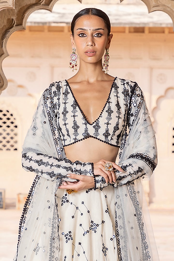 Black & White Cotton Mulmul Mirror & Thread Embroidered Wedding Lehenga Set by PREEVIN at Pernia's Pop Up Shop