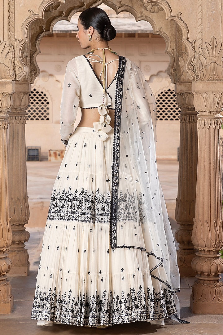 Black & White Cotton Mulmul Mirror & Thread Embroidered Wedding Lehenga Set by PREEVIN at Pernia's Pop Up Shop
