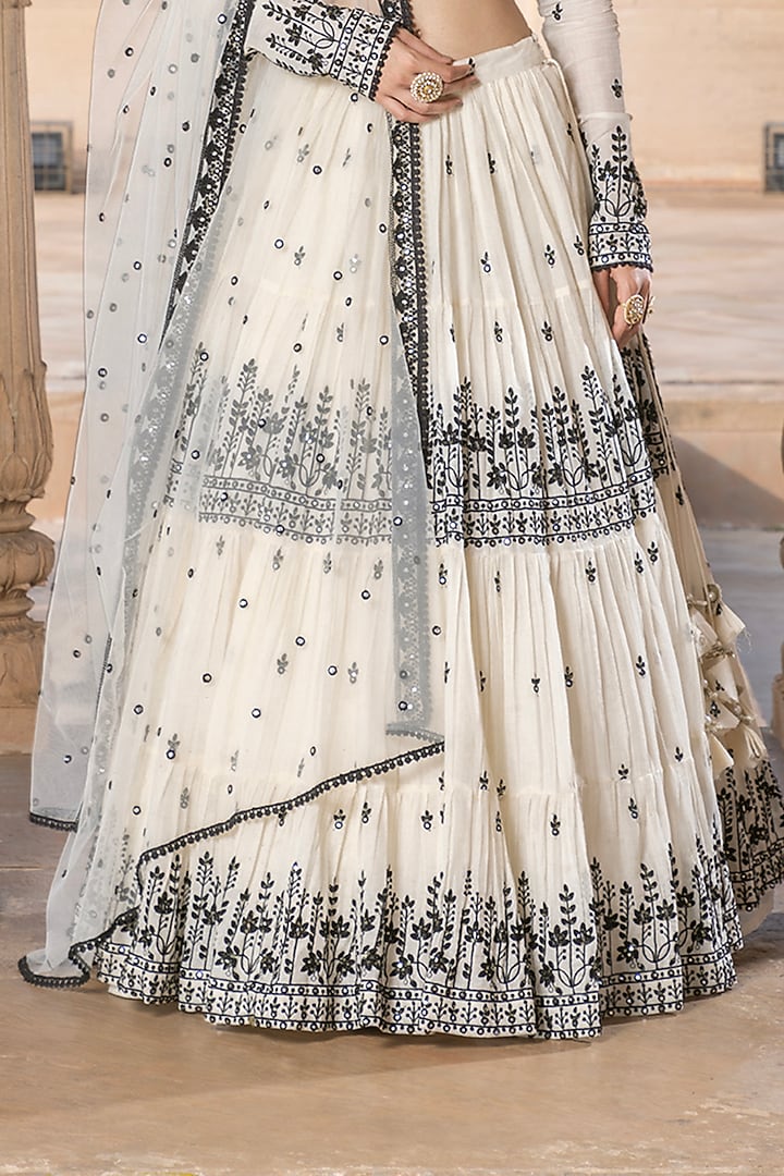 Black & White Cotton Mulmul Mirror & Thread Embroidered Wedding Lehenga Set by PREEVIN at Pernia's Pop Up Shop