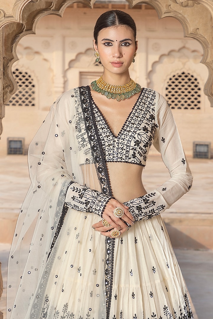 Black & White Cotton Mulmul Mirror & Thread Embroidered Wedding Lehenga Set by PREEVIN at Pernia's Pop Up Shop