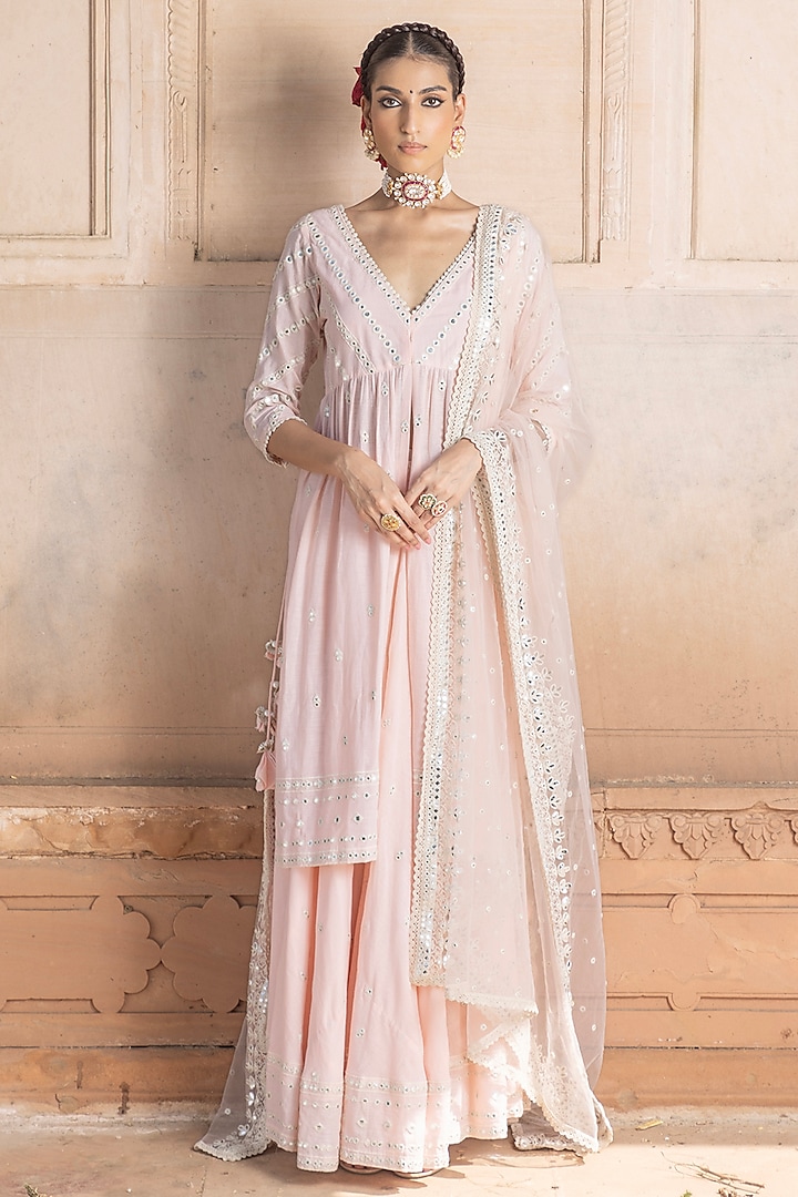 Blush Pink Cotton Mulmul Mirror & Thread Embroidered Lehenga Set by PREEVIN at Pernia's Pop Up Shop