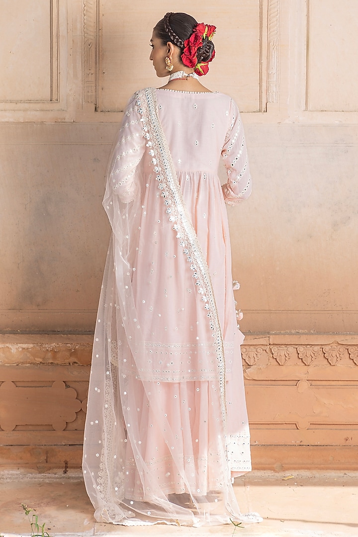 Blush Pink Cotton Mulmul Mirror & Thread Embroidered Lehenga Set by PREEVIN at Pernia's Pop Up Shop
