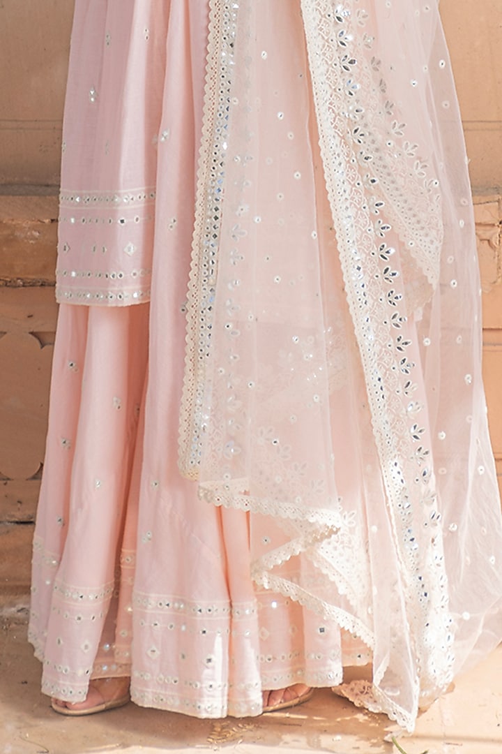 Blush Pink Cotton Mulmul Mirror & Thread Embroidered Lehenga Set by PREEVIN at Pernia's Pop Up Shop