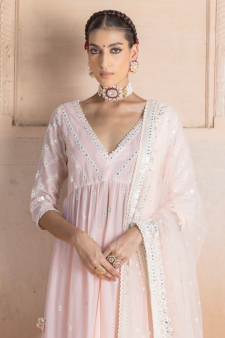 Blush Pink Cotton Mulmul Mirror & Thread Embroidered Lehenga Set by PREEVIN at Pernia's Pop Up Shop